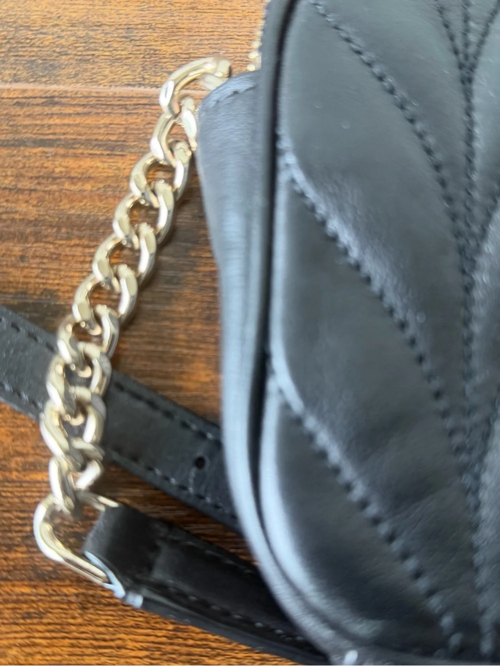 kate spade Black Quilted Leather Camera Crossbody with Gold Chain